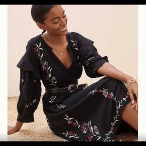 Anthropologie midi black embroidered dress size 8
